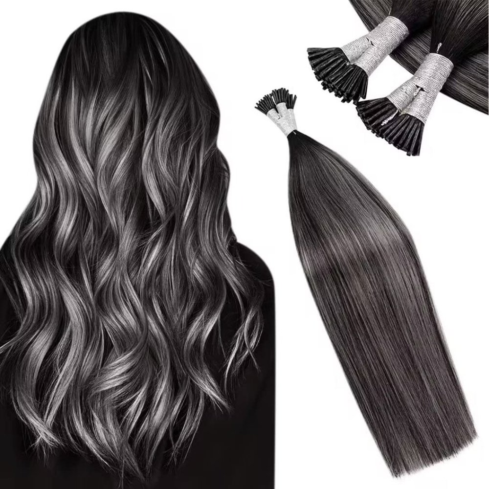 20" 100% Human Hair I Tip Extensions 50pc 50g Ombre#1B/Silver